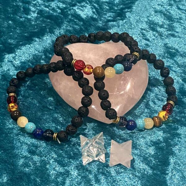 Lava rock is a porous material that can quickly and cleanly absorb essential oils. The beads of the bracelet are attached to a center string.